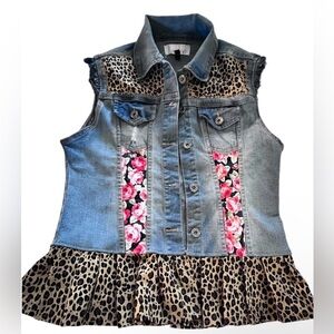 Handmade Upcycled Denim Ruffle Vest Jacket | Leopard & Floral | Size Small